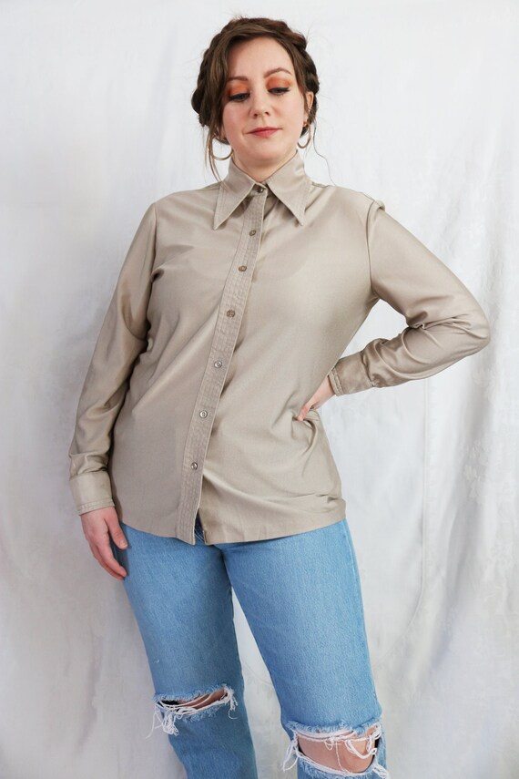 Vintage 70's Tan Dagger Collar Button Down Shirt - image 2