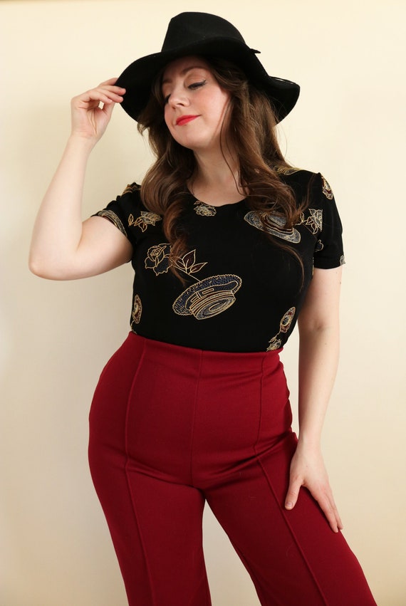 Vintage 90s Deadstock T-Shirt Christine Gerard Black Embellished Hat and Rose Short Sleeve Top