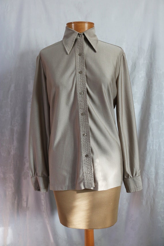 Vintage 70's Tan Dagger Collar Button Down Shirt - image 3