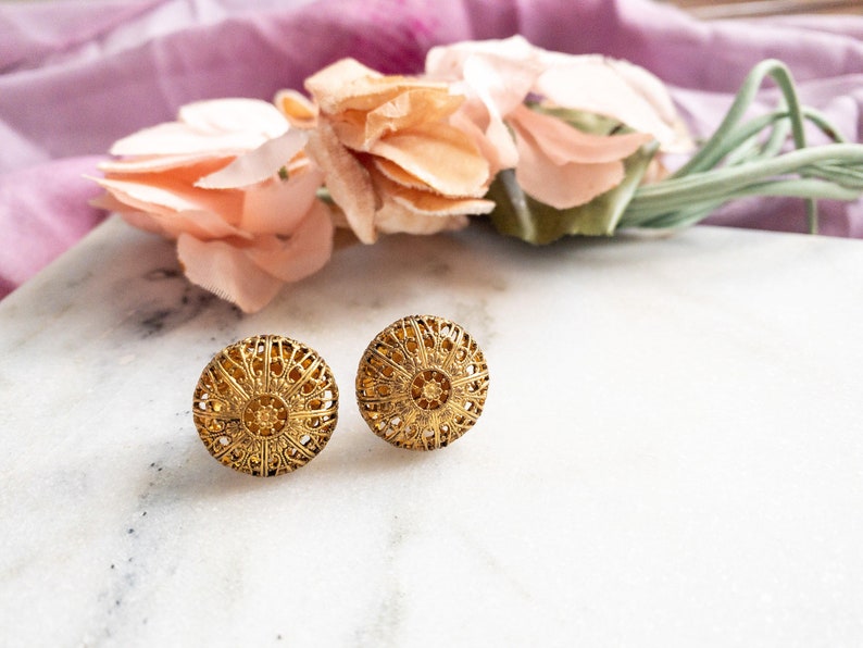 Antique Gold Plated Round Filigree Screw Back Earrings image 1