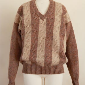 Vintage 80s Brown Striped Cable Knit Scottish Shetland Wool Grandpa Sweater by Braemar