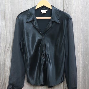 Vintage 90&#39;s Black Button Down Blouse Sheer Long Sleeves by Maurices