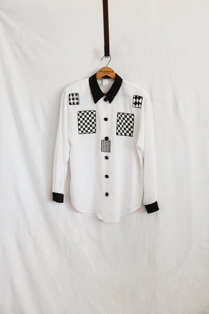 Vintage 90's Button Down Shirt Black and White Geometric Patterned Blouse by Impressions of California image 2