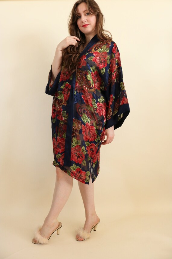 Vintage 1990's Victoria's Secret Gold Label Navy Blue Floral and Paisley Robe