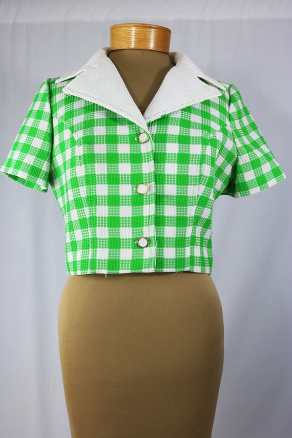 Vintage 70s Green and White Checked Short Sleeve Button Down Cropped Top/Blazer by O'Bryan