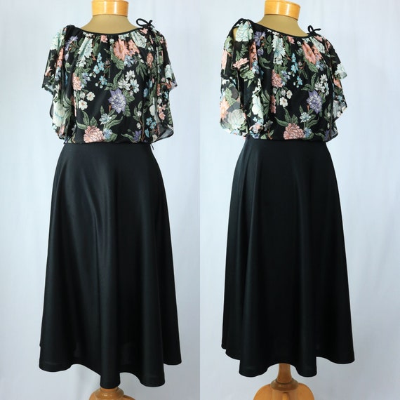 Vintage 70s Black Multicolor Floral Draped Bodice Boho Disco Midi Dress with Flutter Sleeves