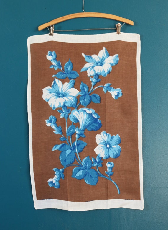 Vintage Brown and Blue Floral Irish Linen Tea Towel