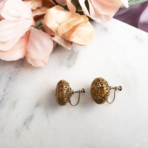 Antique Gold Plated Round Filigree Screw Back Earrings image 2