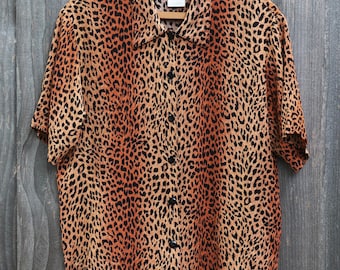 Blusa vintage de manga corta con botones y estampado de guepardo California Krush de los años 80 y 90