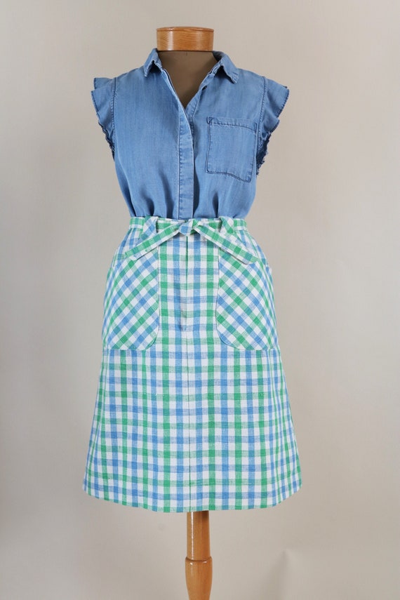 Vintage 60's Skirt Blue and Green Check Pattern A-