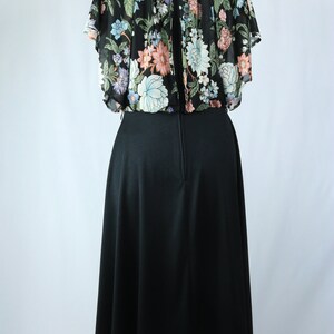 Vintage 70s Black Multicolor Floral Draped Bodice Boho Disco Midi Dress with Flutter Sleeves image 4