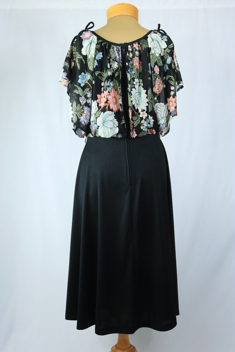 Vintage 70s Black Multicolor Floral Draped Bodice Boho Disco Midi Dress with Flutter Sleeves image 4