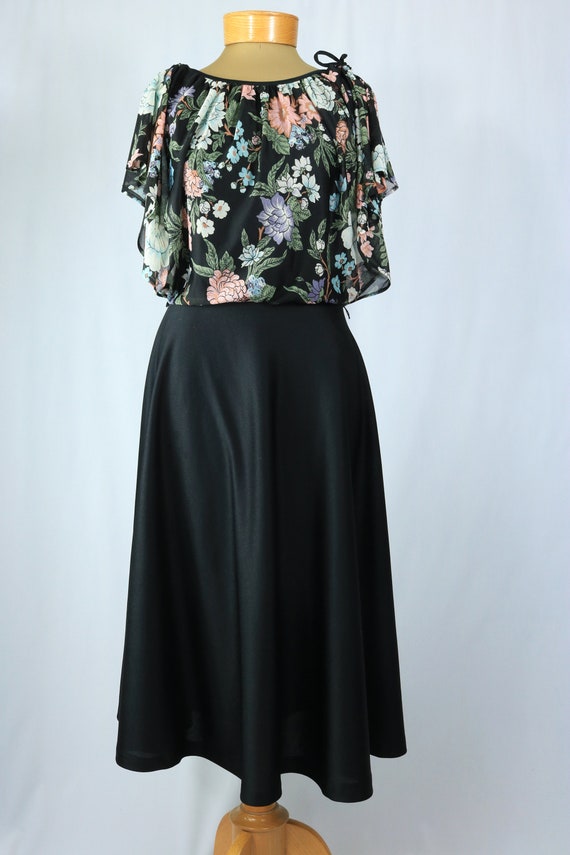 Vintage 70s Black Multicolor Floral Draped Bodice… - image 5