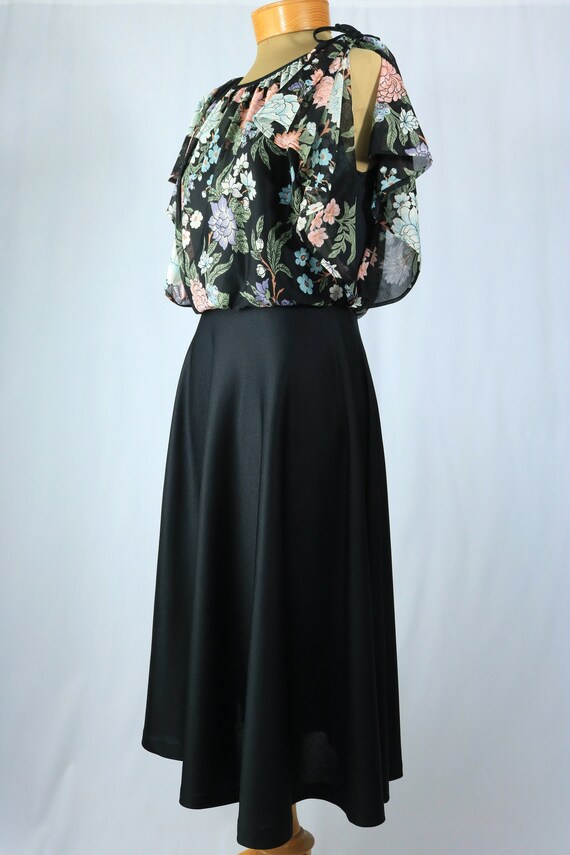 Vintage 70s Black Multicolor Floral Draped Bodice… - image 2