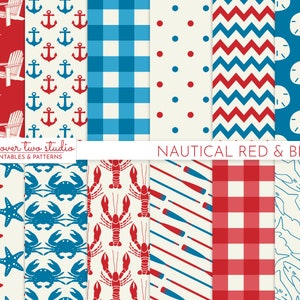 Red and Blue Nautical Digital Paper with Lobster, Shark, Oar, Patterns, 4th of July Background