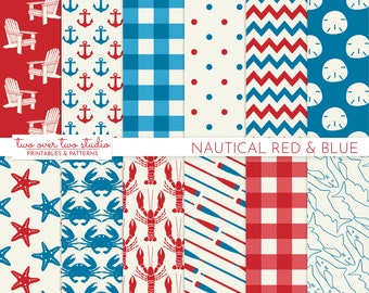 Red and Blue Nautical Digital Paper with Lobster, Shark, Oar, Patterns, 4th of July Background