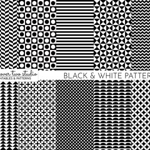 May include: A set of 10 black and white geometric patterns. The patterns include stripes, polka dots, zigzags, and more. "Two Over Two Studio Printables & Patterns" and "Black & White Patterns" are written in the image.