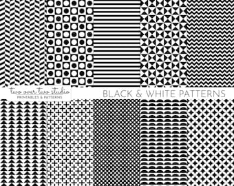Black and White Digital Paper, Commercial Use, Herringbone, Stripe, Polka Dot, Diamond, Triangle, Square, Basketweave, Pattern Background