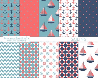 Nautiskt digitalt papper: "SEGLANDE" med segelbåtar, livräddare, ankare och hjulmönster, båt och båtliv, livring, sjömansbakgrund