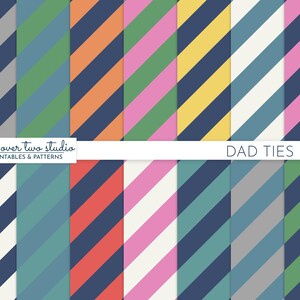 May include: A set of 16 digital paper patterns featuring diagonal stripes in various colors, including navy blue, gray, green, pink, red, orange, yellow, and white. The patterns are labeled "DAD TIES" and are ideal for crafting and scrapbooking projects.