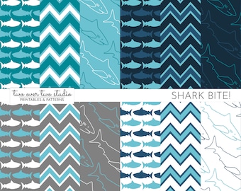 Shark Digital Paper, Baby Shark, Shark Birthday Party or Baby Shower, Beach, Vacation, Ocean Digital Paper in Gray and Blue, Commercial Use