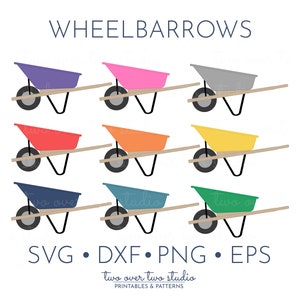 Clipart brouette, Utilisation commerciale, Simple Wheelbarrow SVG en bleu, vert et rouge, Garden Clip Art, Spring PNG, Transparent Background