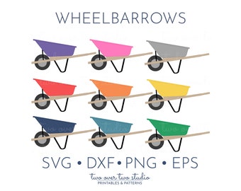 Wheelbarrow Clipart, Commercial Use, Simple Wheelbarrow SVG in blue, green, and red, Garden Clip Art, Spring PNG, Transparent Background