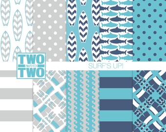 Surfing Digital Paper: "SURF'S UP!" with Surfboard and Waves Patterns for Party Invitations, Nursery Decor, Beach Wall Art