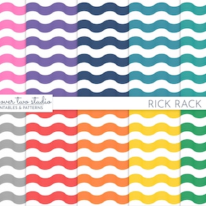 May include: A set of ten digital paper patterns featuring wavy stripes in various colors, including pink, purple, blue, gray, red, orange, yellow, and green. The patterns are titled "Rick Rack" and are designed by "Two Over Two Studio".