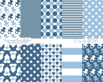 Digitalt papper för pojke, blå bakgrund för babyshower, dop för pojke, mönster för scrapbooking av babyer