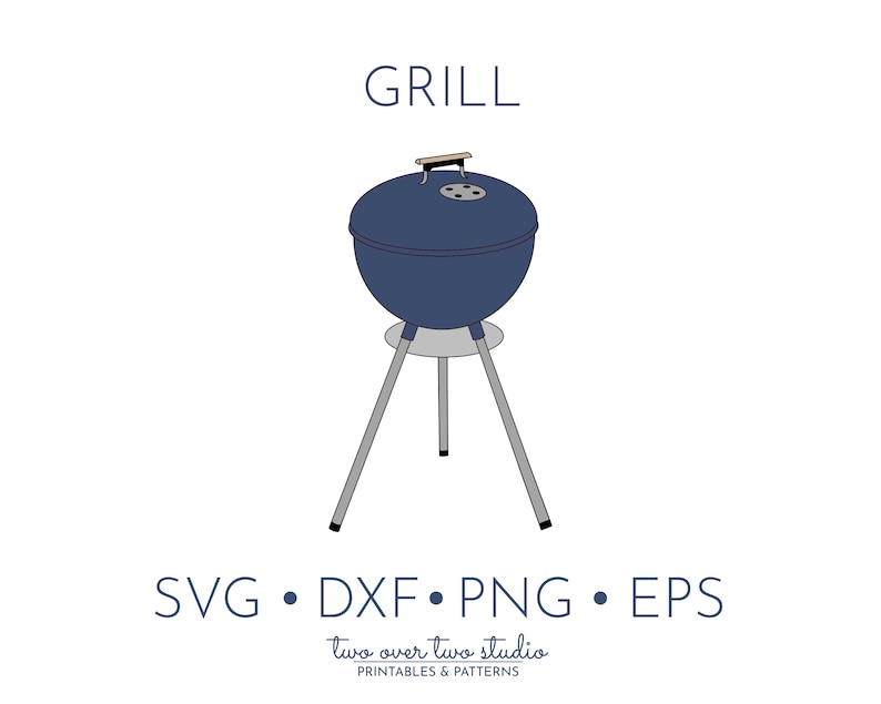 May include: A blue charcoal grill with a silver stand. The grill has a lid with a handle and a vent. The text "GRILL" is above the grill.