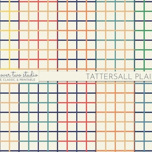 Tattersall Digital Paper, Preppy Plaid Pattern, Commercial Use Backdrop, Seamless Plaid Background in Red, Navy, and Camel