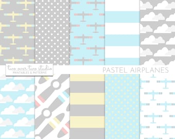 Pastel Airplane Digital Paper, Plane Background or Backdrop, Travel Digital Paper, Vintage Airplane, Airplane Birthday Party or Baby Shower