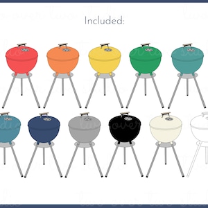 May include: A set of ten different coloured charcoal grills with a black lid and three legs. The grills are red, orange, yellow, green, blue, teal, grey, black, white, and outlined in black.