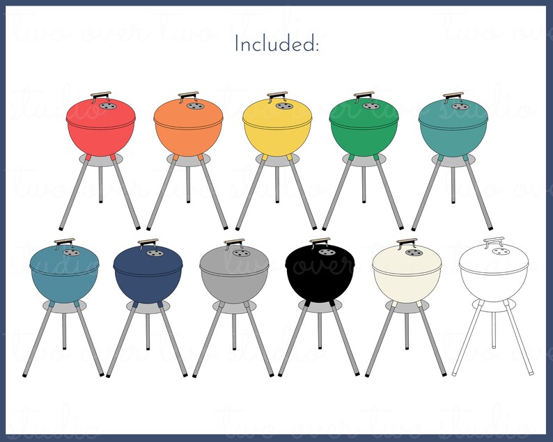 May include: A set of ten different coloured charcoal grills with a black lid and three legs. The grills are red, orange, yellow, green, blue, teal, grey, black, white, and outlined in black.