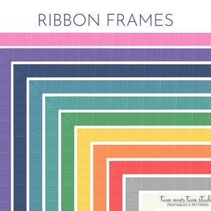 May include: A set of nine colorful ribbon frames, each with a different color and pattern. The frames are arranged in a cascading pattern, with the largest frame at the top and the smallest frame at the bottom. The colors of the frames are pink, purple, blue, teal, green, yellow, orange, red, and gray.