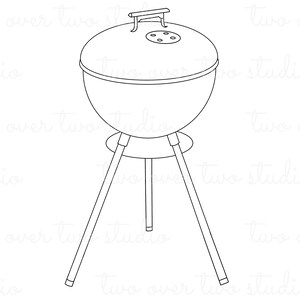 May include: A black and white line drawing of a charcoal grill with a lid and three legs.