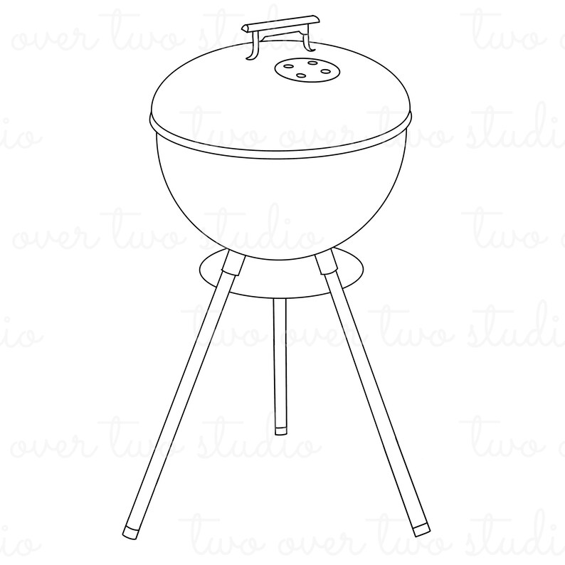 May include: A black and white line drawing of a charcoal grill with a lid and three legs.