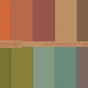 Papel digital kraft otoñal, uso comercial, fondo de papel kraft en marrón, naranja, verde y azul, textura de cartón.