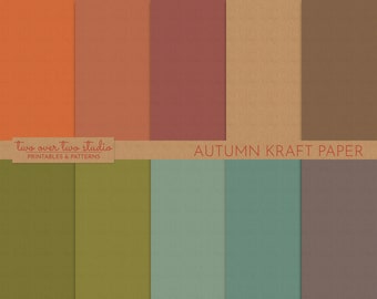 Fall Kraft Digital Paper, Commercial Use, Kraft Paper Background in Brown, Orange, Green and Blue, Cardboard Texture