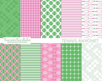 Tennis Digital Paper, Printable Pink and Green Tennis Background, Tennis Birthday Party, Preppy Pattern, Tennis Scrapbooking, Sports Theme