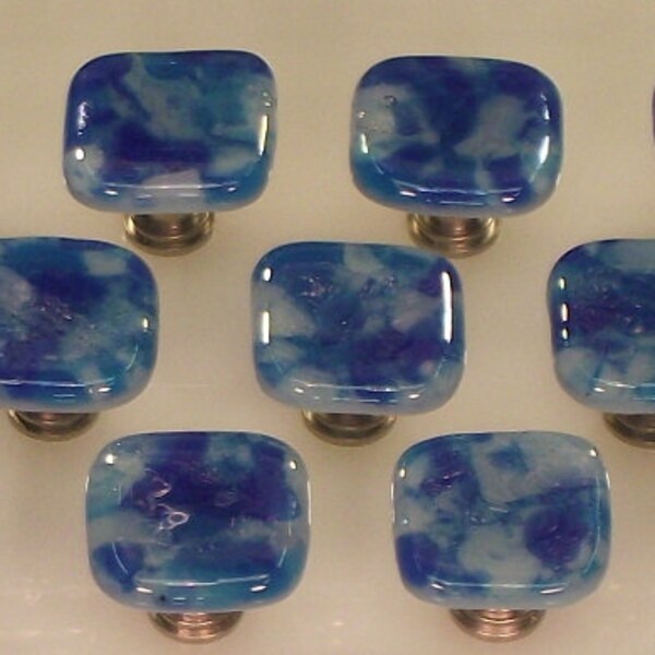Decorative Colored Art Fused Glass Cabinet Door Knobs - Drawer Pulls - Kitchen Hardware - Powder Blue, Turquoise Blue, Med Blue - KB150711C