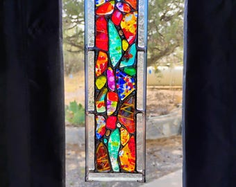 Stained Glass Window Hanging - Modern Abstract Contemporary - Sparkly Handmade Colorful Fused Glass Gems - Gift