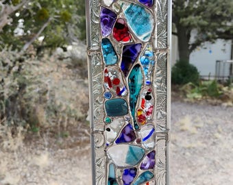 Stained Glass Window Hanging - Modern Abstract Contemporary - Sparkly Handmade Colorful Fused Glass Gems - Gift