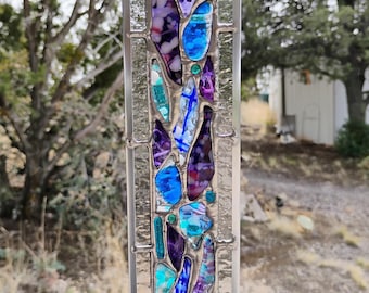 Stained Glass Window Hanging - Modern Abstract Contemporary - Sparkly Handmade Colorful Fused Glass Gems - Gift