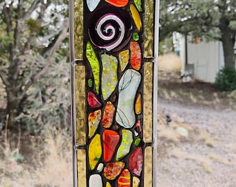 Stained Glass Window Hanging - Modern Abstract Contemporary - Sparkly Handmade Colorful Fused Glass Gems - Gift