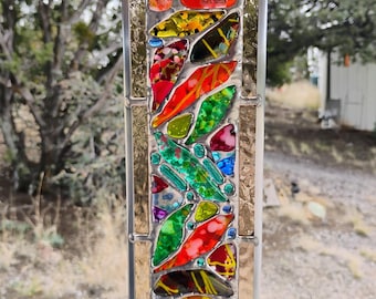 Stained Glass Window Hanging - Modern Abstract Contemporary - Sparkly Handmade Colorful Fused Glass Gems - Gift
