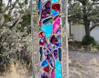 Stained Glass Window Hanging - Modern Abstract Contemporary - Sparkly Handmade Colorful Fused Glass Gems - Gift