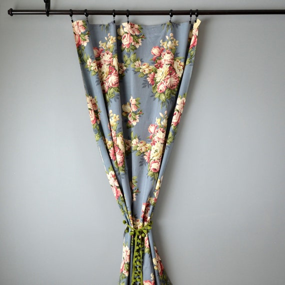 Vintage 40s Blue Faille Curtain Yardage 1940s Rose Print By Etsy