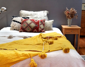 Mustard Moroccan Pom Pom Throw / Yellow Cotton Throw / Moroccan Throw / Yellow Pom Pom Blanket